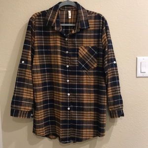 Navy Blue and Mustard Plaid Flannel Top